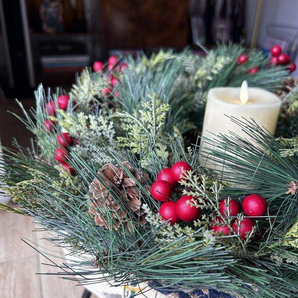 Luminara 4.5" Pillar Flameless Candle + Christmas 18" Wreath Red Berries Pines - Picture 5 of 12